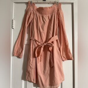 Express Blush Long-Sleeve Off Shoulder Linen Dress